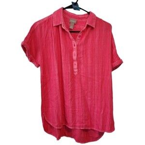 Chico's Pink Stripe Popover Linen Blend Short Sleeve Top Size Medium (1)